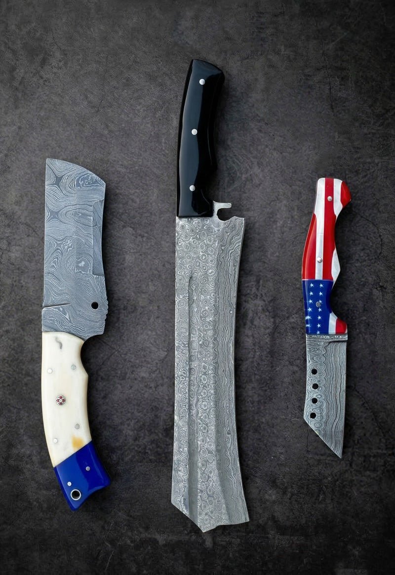 Handmade Damascus steel Tanto knife with American flag resin handle and black spine – JW Steel Crafts custom Tanto hunting knife