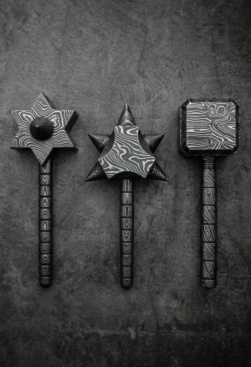 Handmade Damascus steel Thor Hammer Mjolnir replicas with star-shaped mace and square hammer heads – JW Steel Crafts custom Norse mythology Mjolnir collectible weapon replica