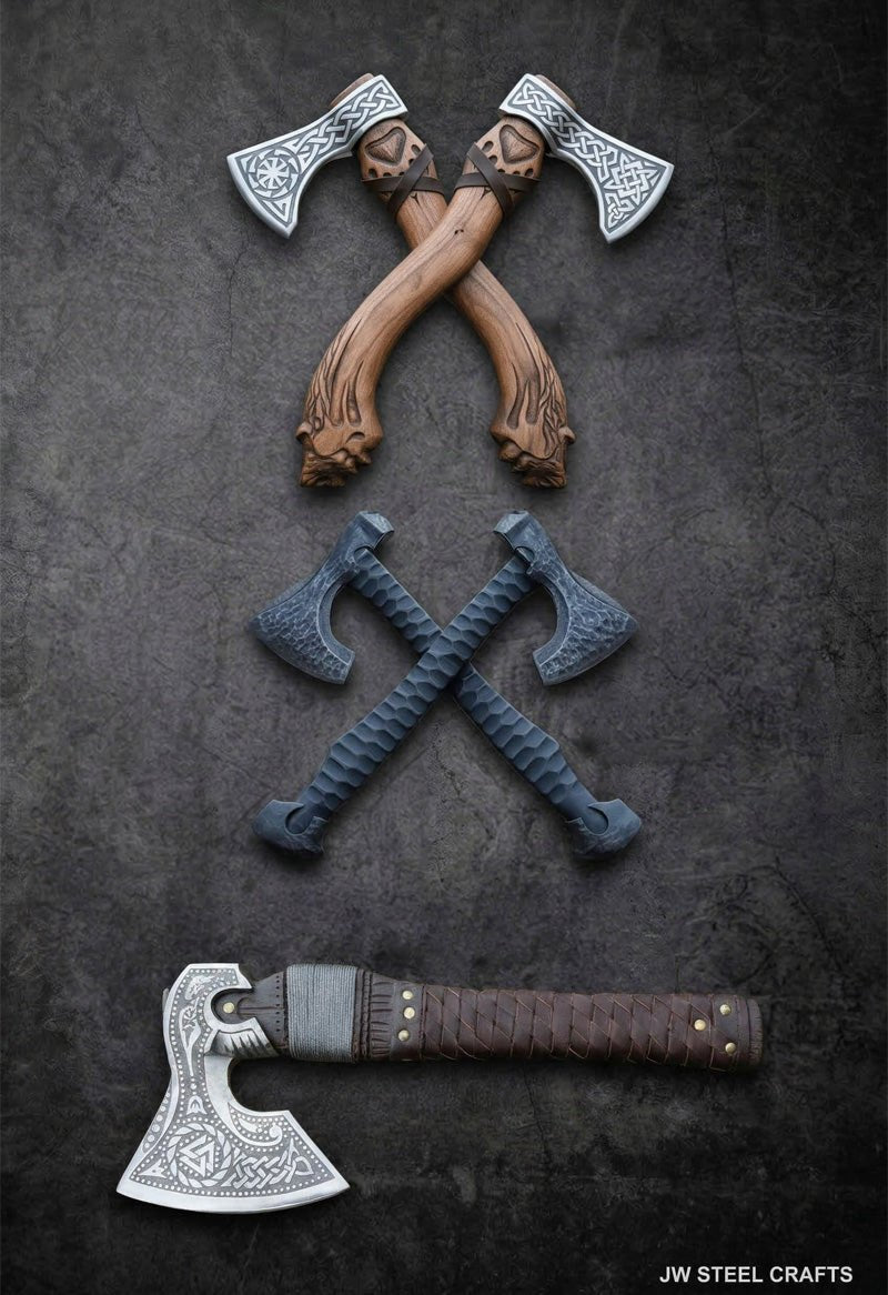 Set of handmade Viking-engraved throwing tomahawks with carved antler, paracord wrapped and wood handles – JW Steel Crafts custom competition throwing tomahawk collection