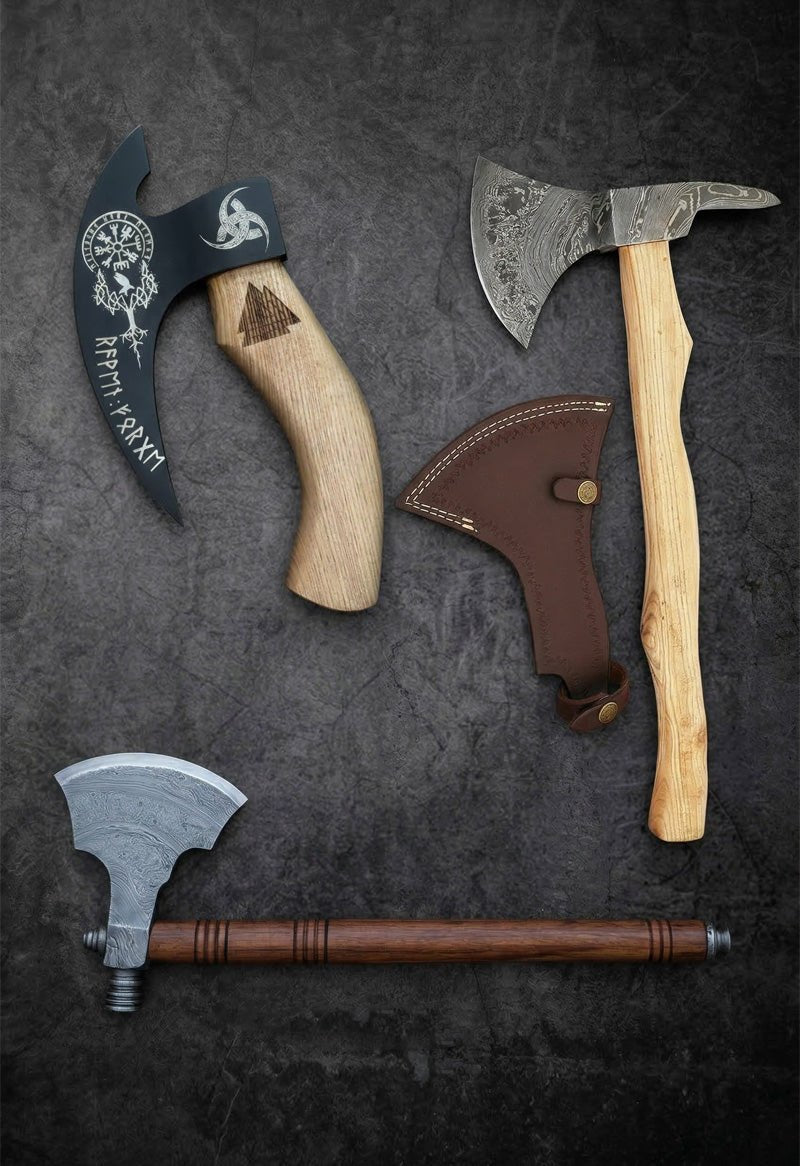 Handmade Viking-engraved tomahawk axes with bone and wood handles and leather sheath – JW Steel Crafts custom throwing tomahawk axe collection