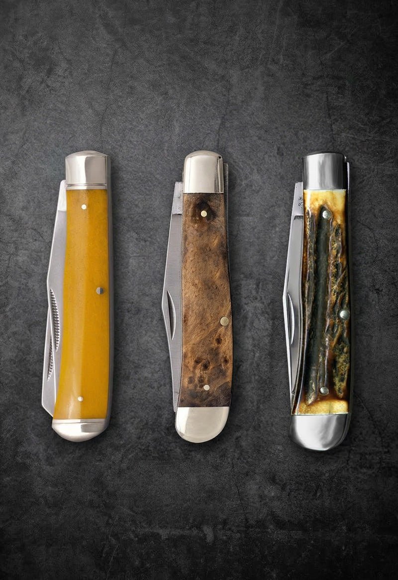 Set of handmade Western Trapper pocket knives with yellow resin, stag horn and bone handles – JW Steel Crafts custom trapper knife collection