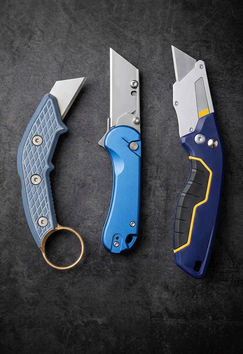 Handmade folding utility knife with blue titanium handle and gold hardware – JW Steel Crafts custom kitchen utility knife collection