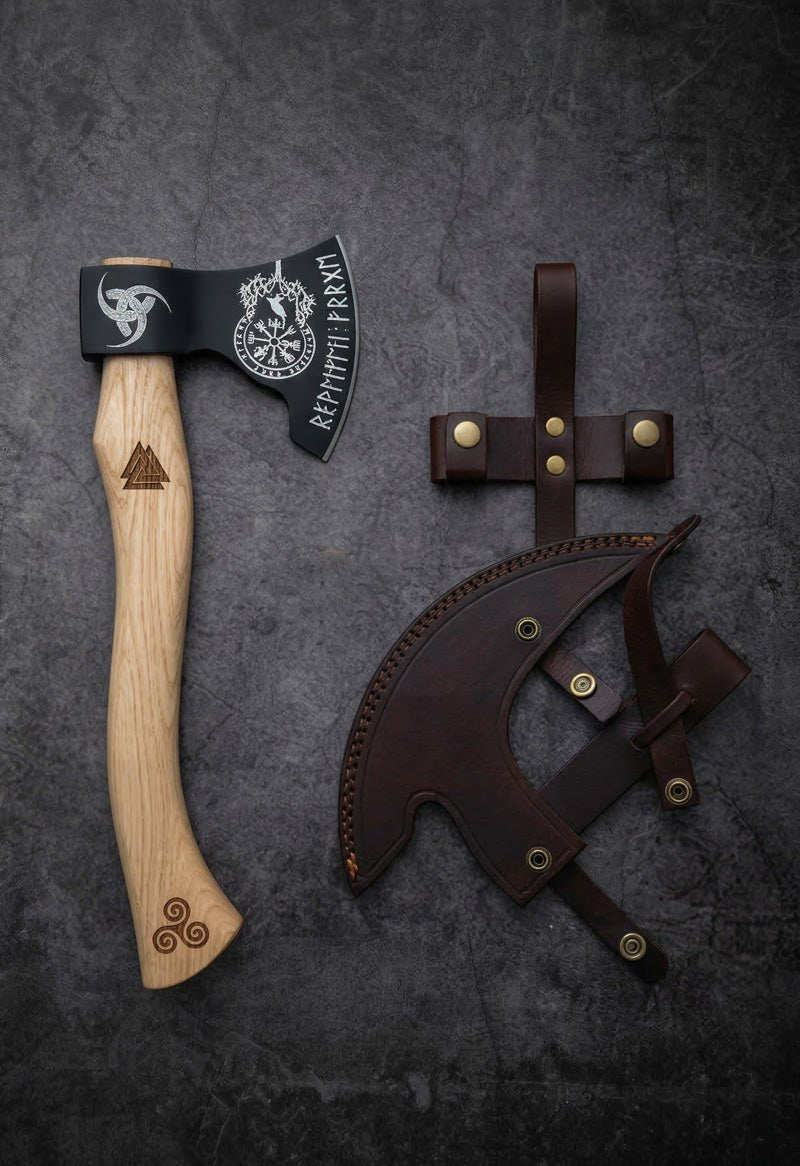 Handmade Viking bearded axe with Norse-engraved steel head, natural wood handle and dark leather sheath – JW Steel Crafts custom Viking Norse axe collection