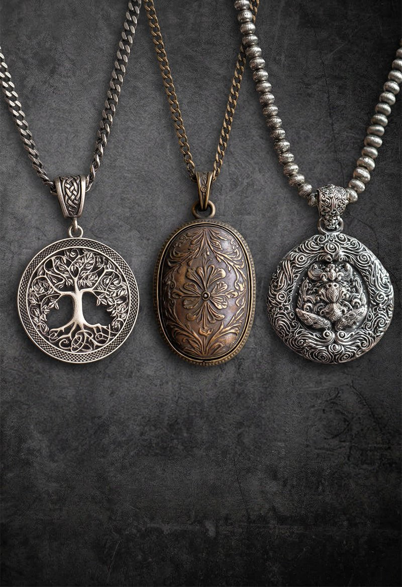 Handmade Viking Norse pendants with tree of life, floral engraved oval and warrior lockets on silver chain necklaces – JW Steel Crafts custom Viking jewelry pendant gift collection