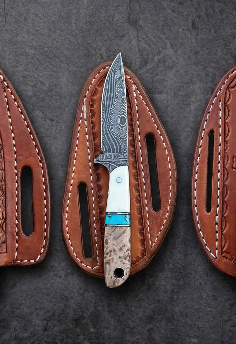 Handmade Damascus steel Western Ranch knife with turquoise handle and tooled leather sheath – JW Steel Crafts Western Ranch knife collection