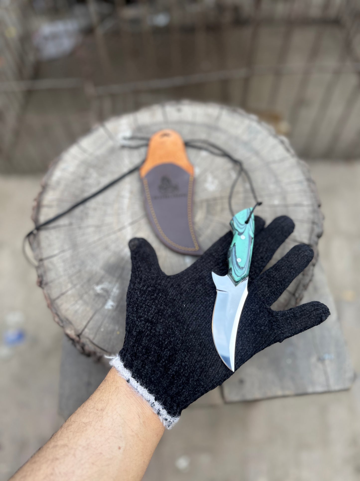 Neck Knife with Leather Sheath – Mini Damascus Pattern Blade | Green Resin Handle | JW SteelCrafts