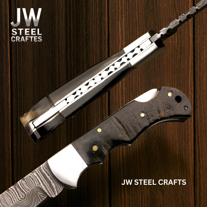 American Flag Damascus Folding Hunter with Ram Horn Handle