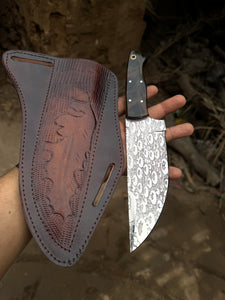 10" Full‑Tang Hunting Knife – Acid‑Etched Stainless Blade, Resin Handle & Leather Sheath