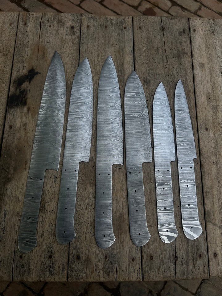 6-Piece Handmade Damascus Chef Knife Blank Set, Forged Steel Blades, Custom Knife Making Supply