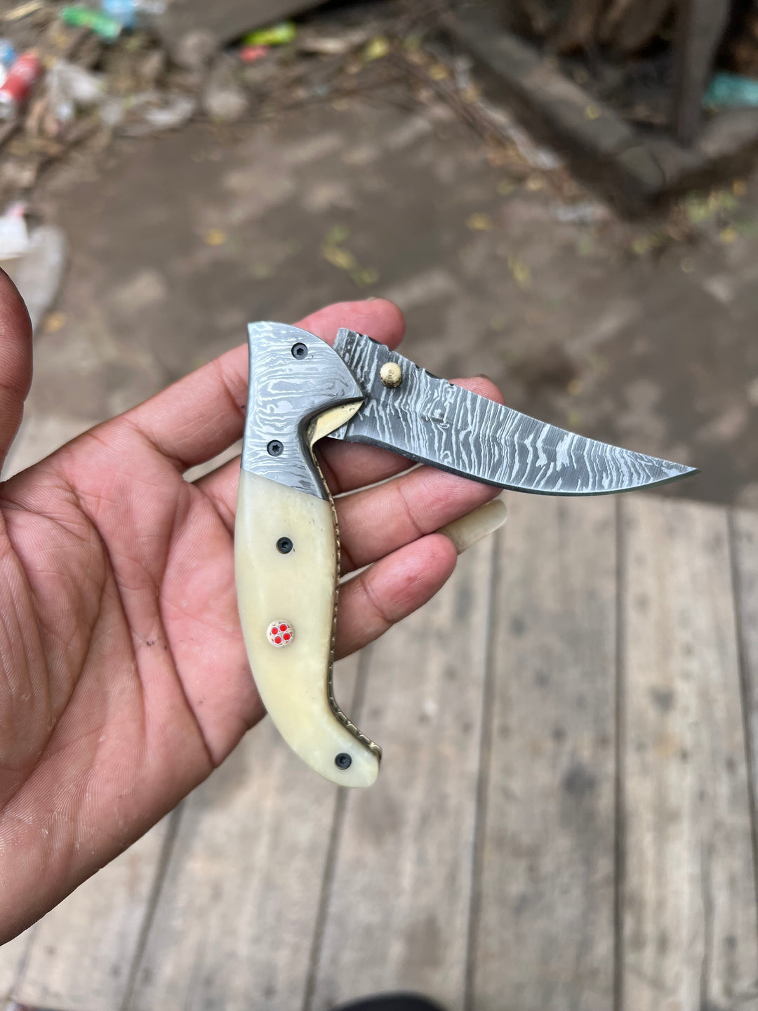 Handmade Damascus Folding Knife with Bone Handle – Compact EDC Pocket Knife with Leather Sheath