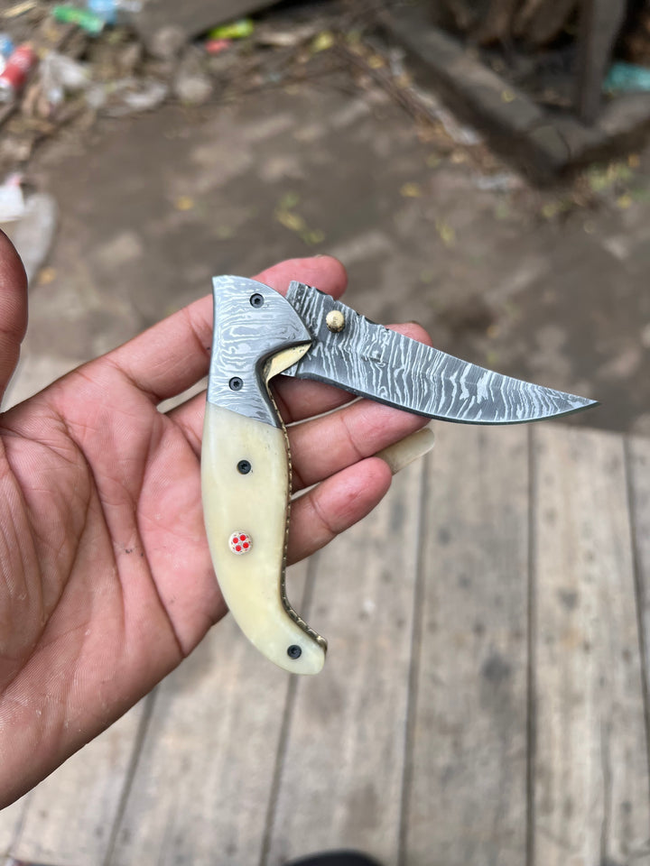 Handmade Damascus Folding Knife with Bone Handle – Compact EDC Pocket Knife with Leather Sheath