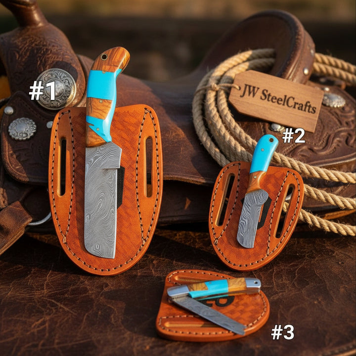 Turquoise Trail Bull Cutter Trio Set 3 with wood and turquoise resin Handle