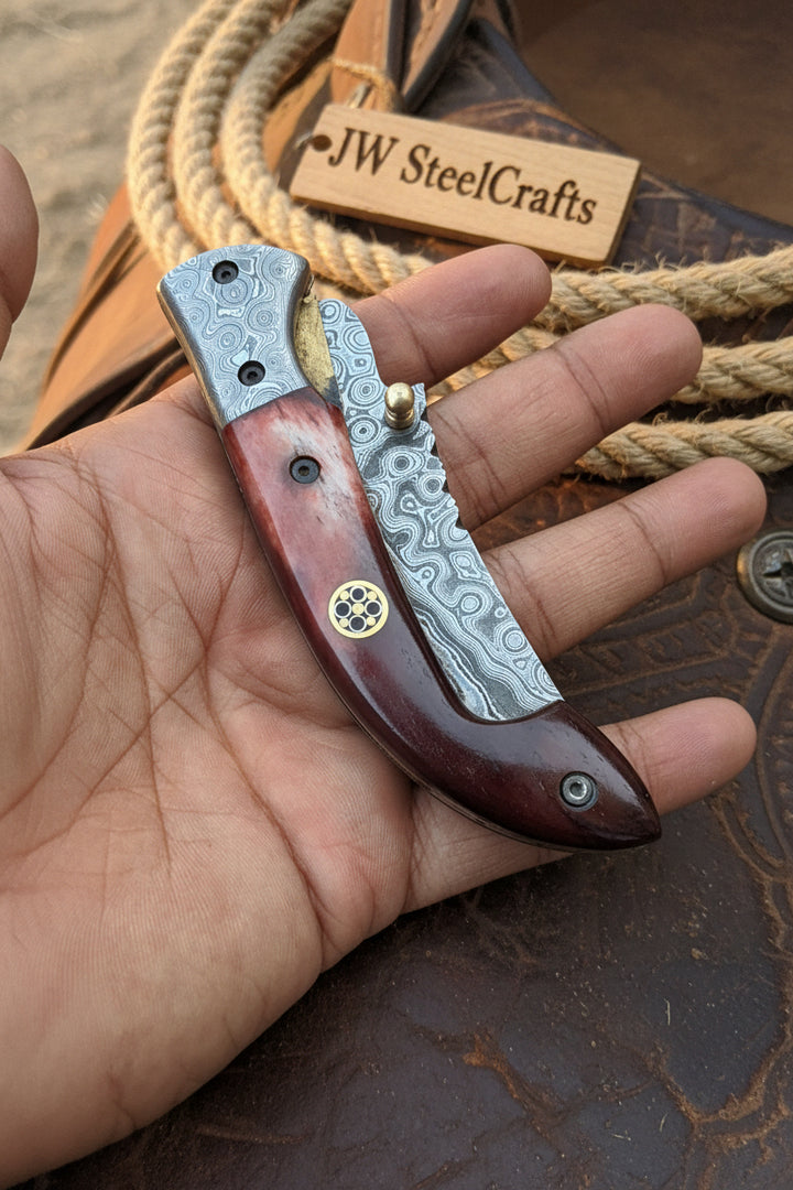 Twilight Burl Folder Knife 7" Handmade Burl Wood Damascus Blade