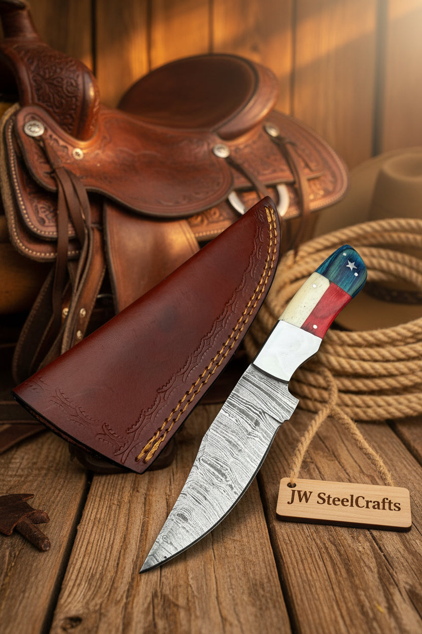 Damascus Camping Knife Fixed Blade USA Flag Resin Handle Outdoor Utility Knife with Sheath