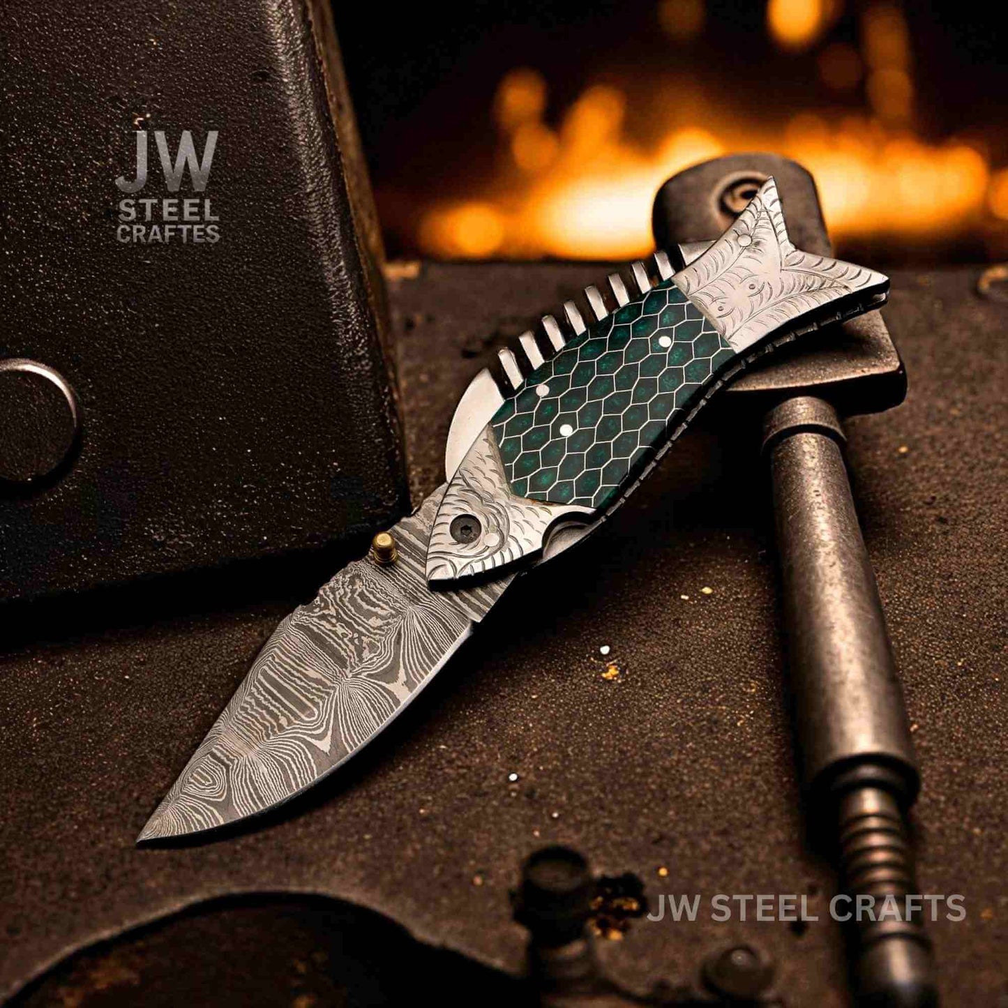 Fish-shaped Damascus steel folding knife with green honeycomb handle scale, photographed on a blacksmith forge surface with fire in the background, handcrafted by JW SteelCrafts.