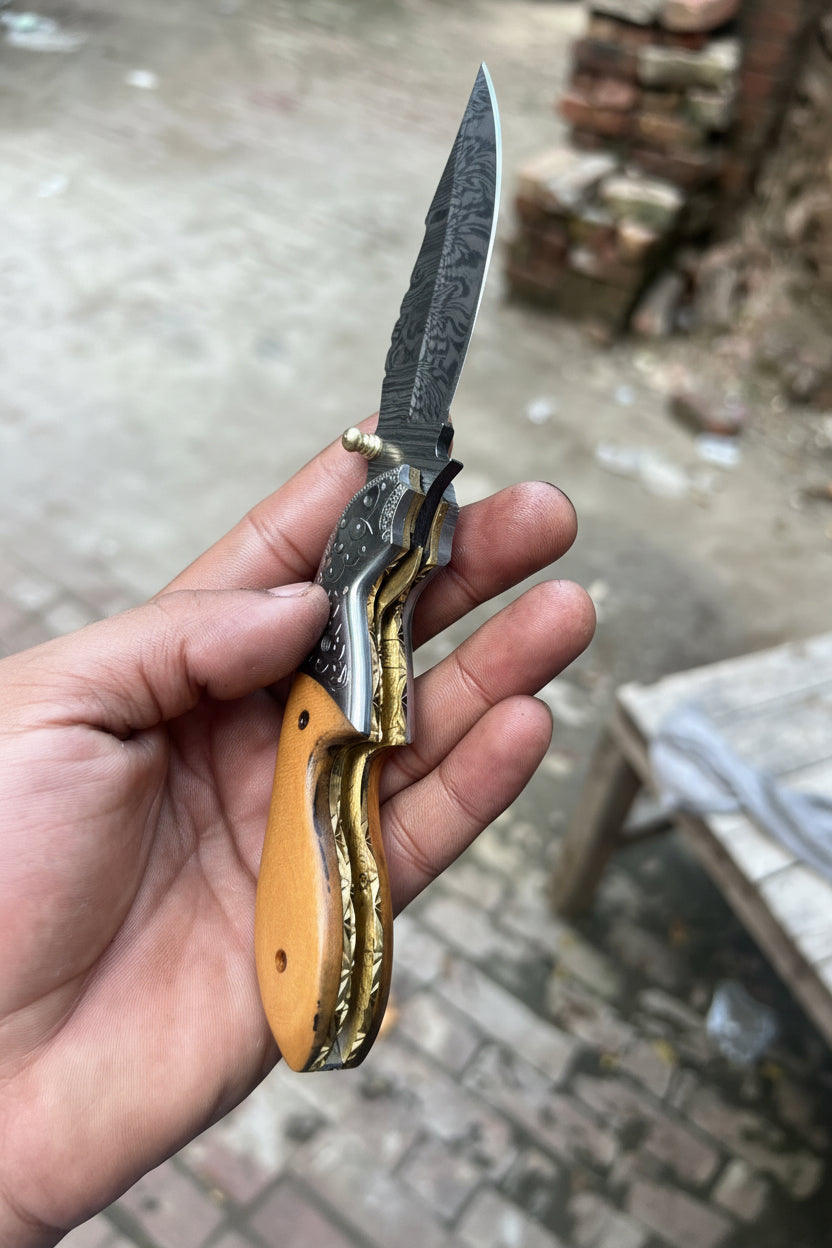 Honeywood Hawkbill Folder Knife 8" Handmade Wood Handle Damascus Blade