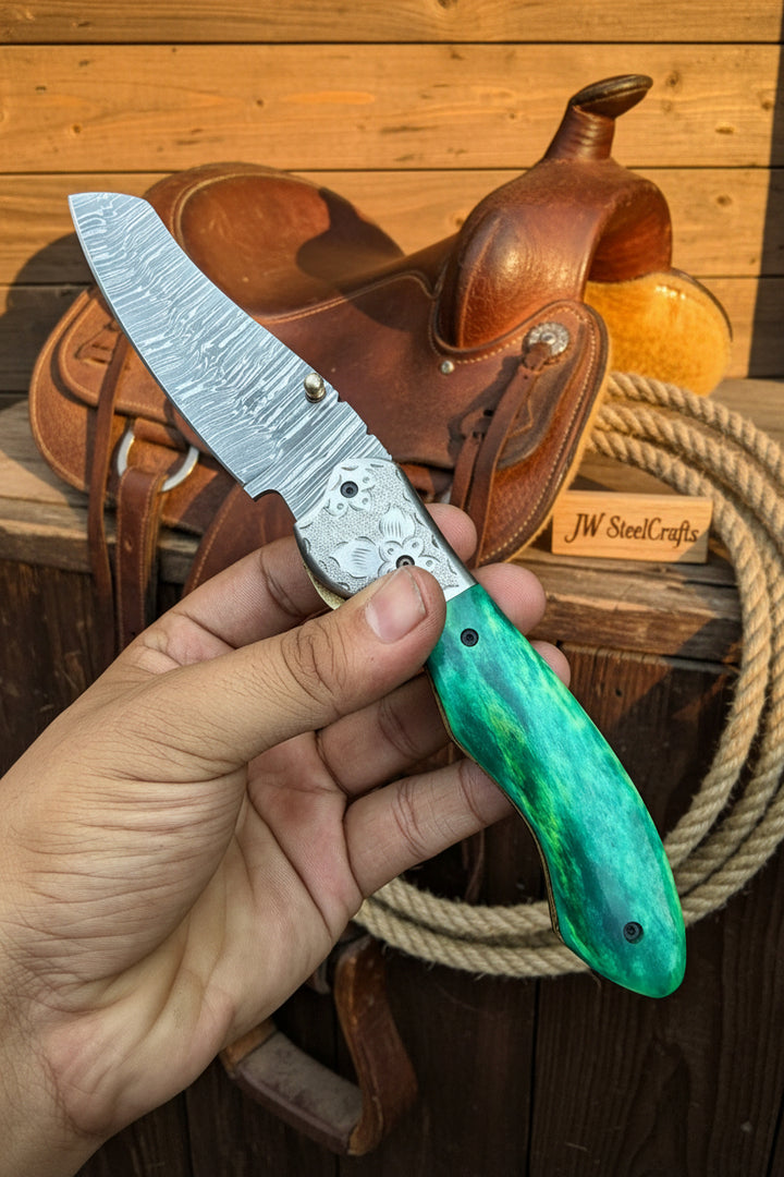 Jadeline Damascus Folder 7" Handmade Turquoise-Green Resin Handle
