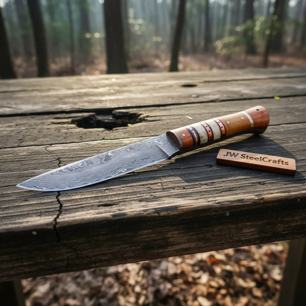 10 Inch Damascus Steel Hunting Knife with Stacked Wood Handle | JW SteelCrafts handmade Skinner Knife by JW SteelCrafts