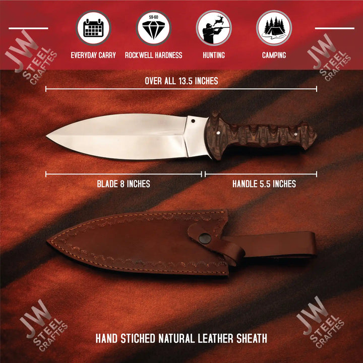 Handcrafted J2 Stainless Steel Boot Knife | Pakka Wood Handle | Leather Sheath | 13.5" Hunting Blade