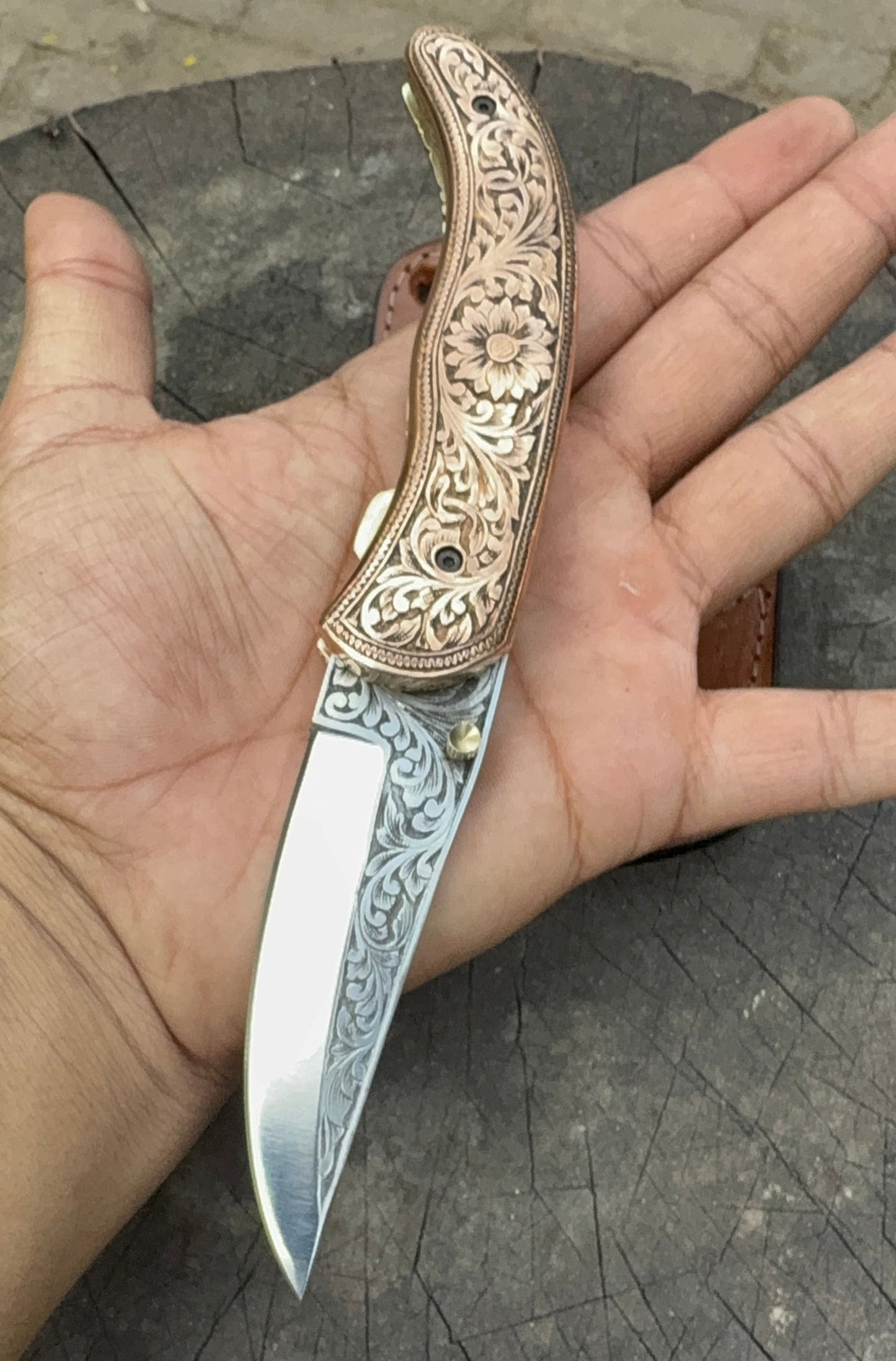 Hand-Engraved Brass Folding Knife | Floral Engraved Pocket Knife | Collector Gift by JW SteelCrafts