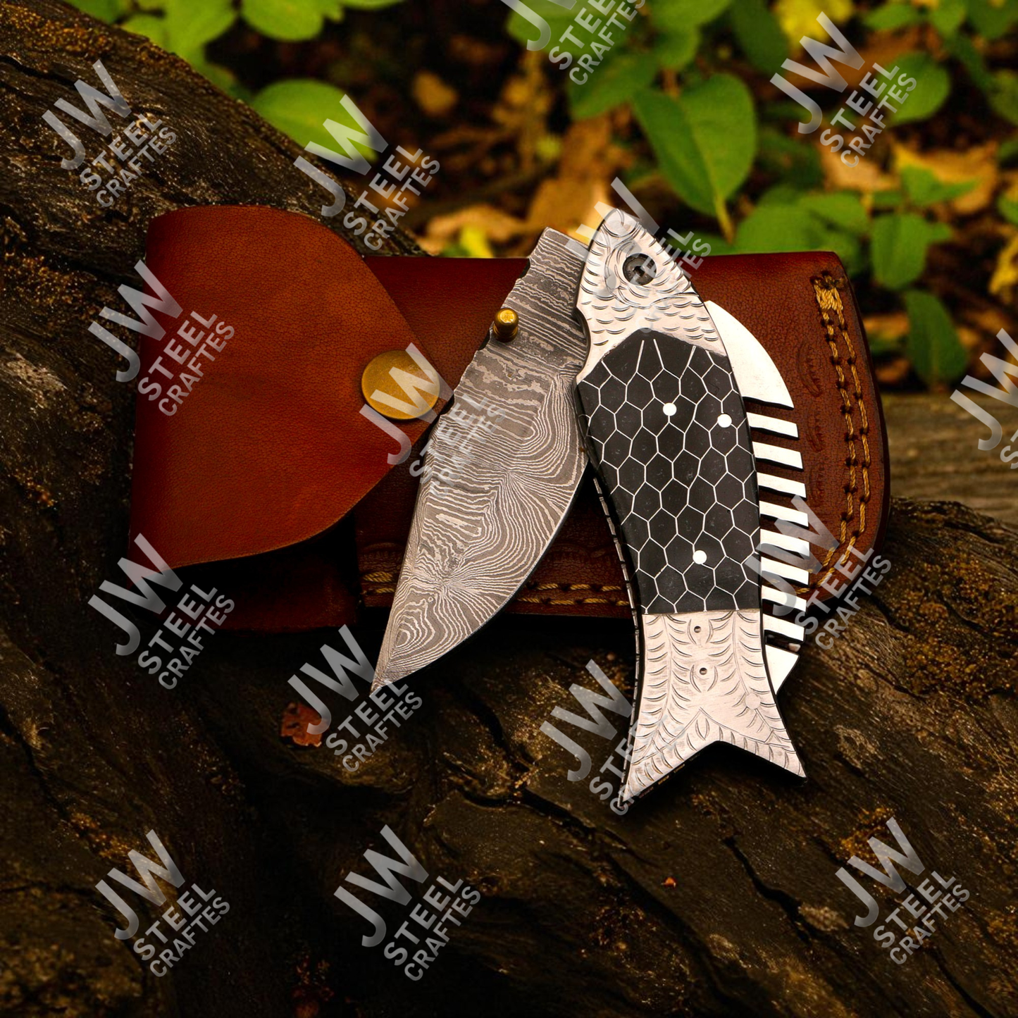 Hand-Forged Damascus Steel Folding Knife – Fish Design Pocket Knife with Resin Handle & Leather Sheath | Unique Collectible Gift for Him