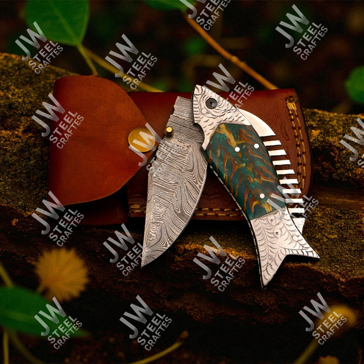 Hand-Forged Damascus Steel Folding Knife – Fish Design with Green-Brown Resin Handle & Leather Sheath | Custom Collectible Gift for Him
