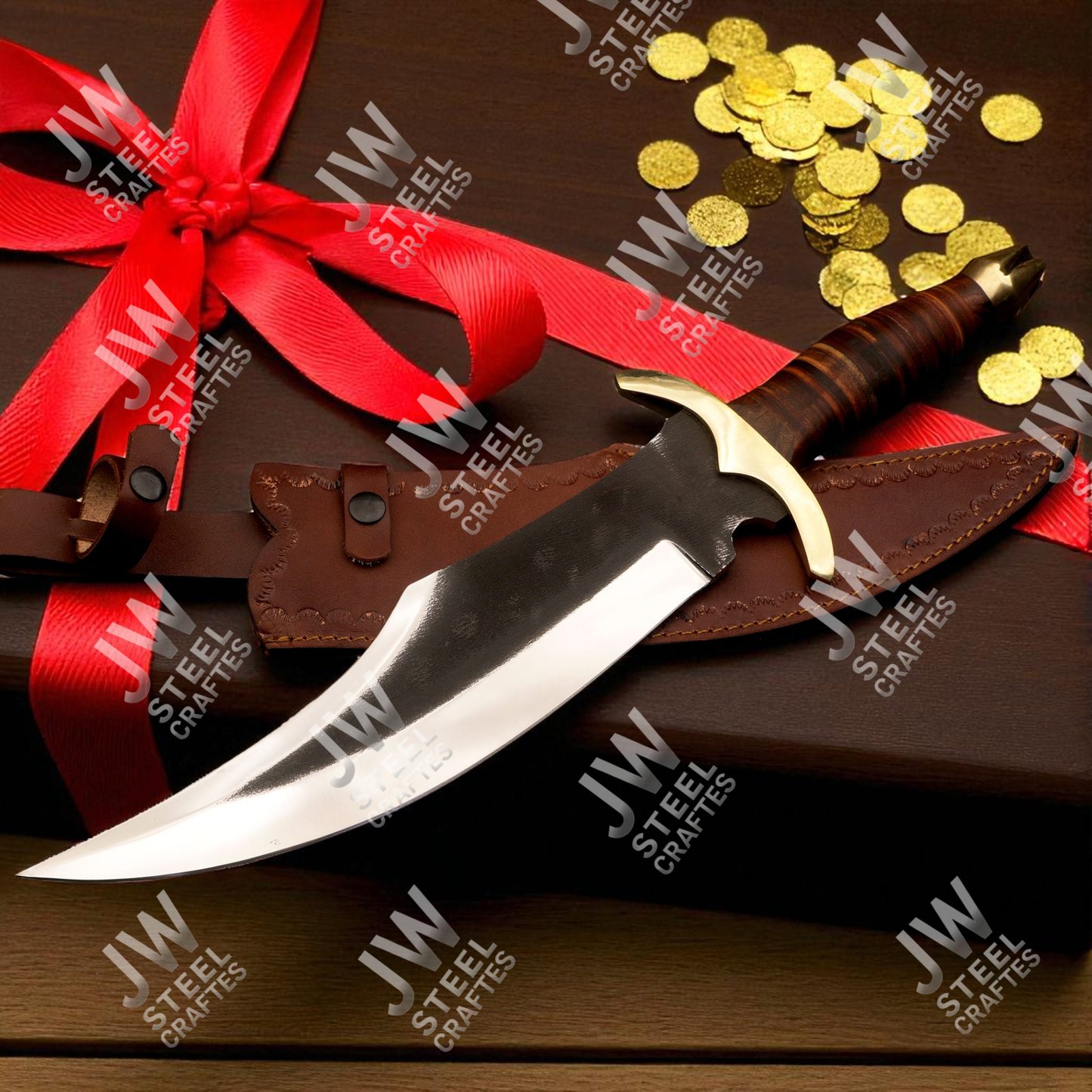 Hand Forged High Carbon Steel Bowie Knife with Leather Handle, Brass Guard & Sheath – Hunting, Camping, Collectors Knife