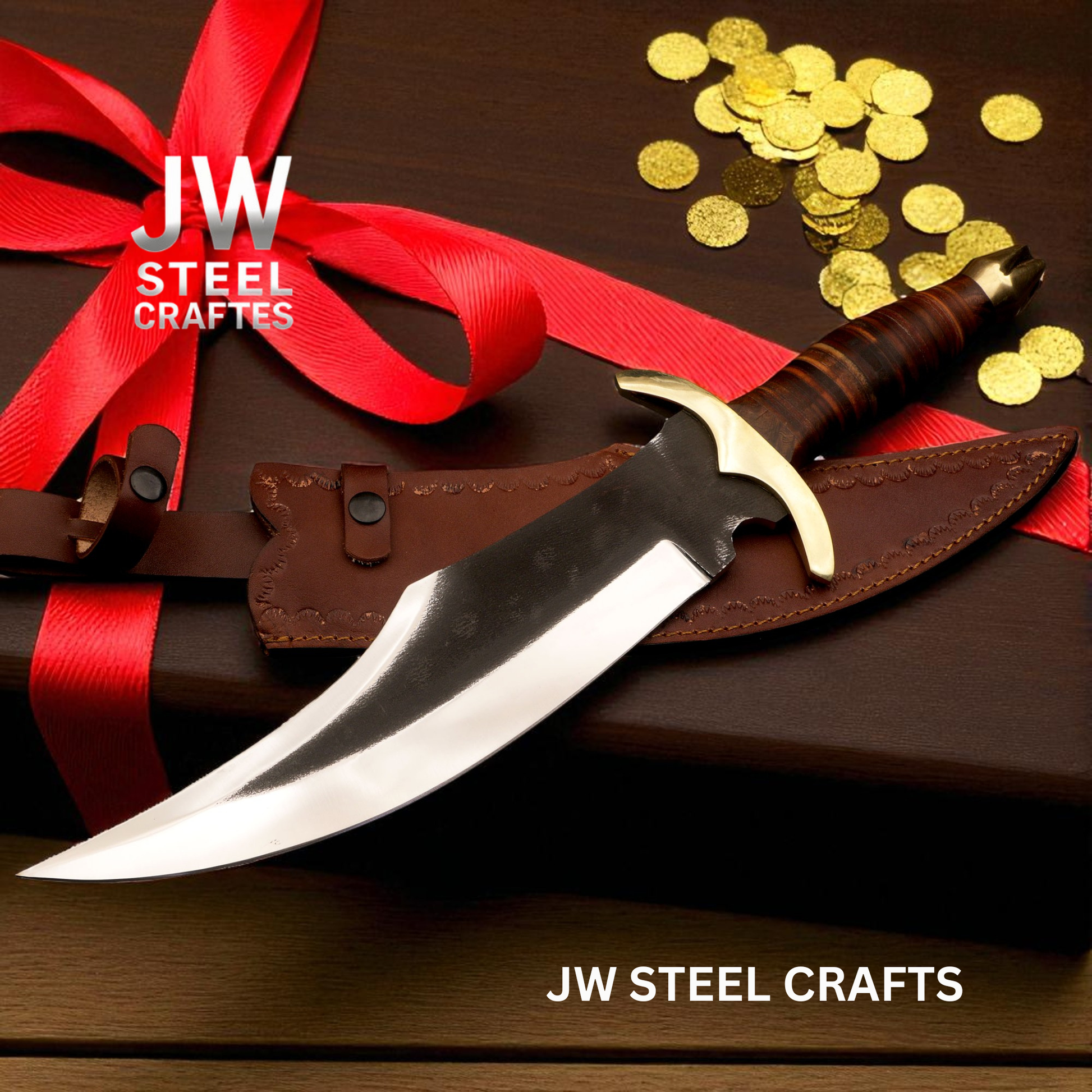 Decorative knife with red ribbon and gold coins on a brown surface, branded 'JW Steel Crafts'.