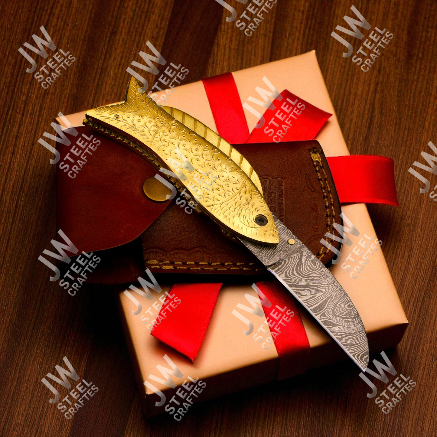 Hand-Forged Damascus Steel Folding Knife – Brass Fish Design Handle with Leather Sheath | Collectible Gift for Him