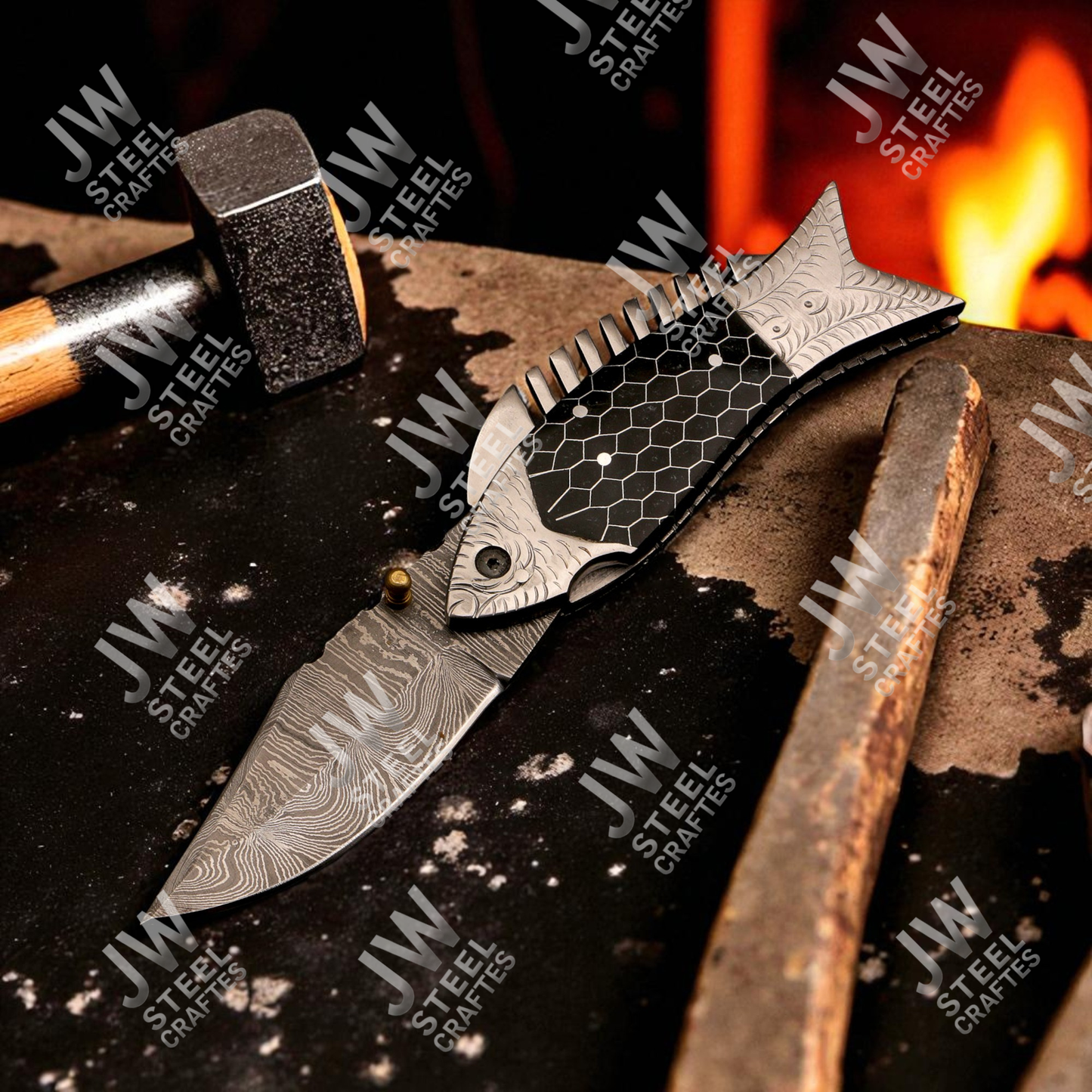 Hand-Forged Damascus Steel Folding Knife – Fish Design Pocket Knife with Resin Handle & Leather Sheath | Unique Collectible Gift for Him