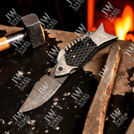 Hand-Forged Damascus Steel Folding Knife – Fish Design Pocket Knife with Resin Handle & Leather Sheath | Unique Collectible Gift for Him