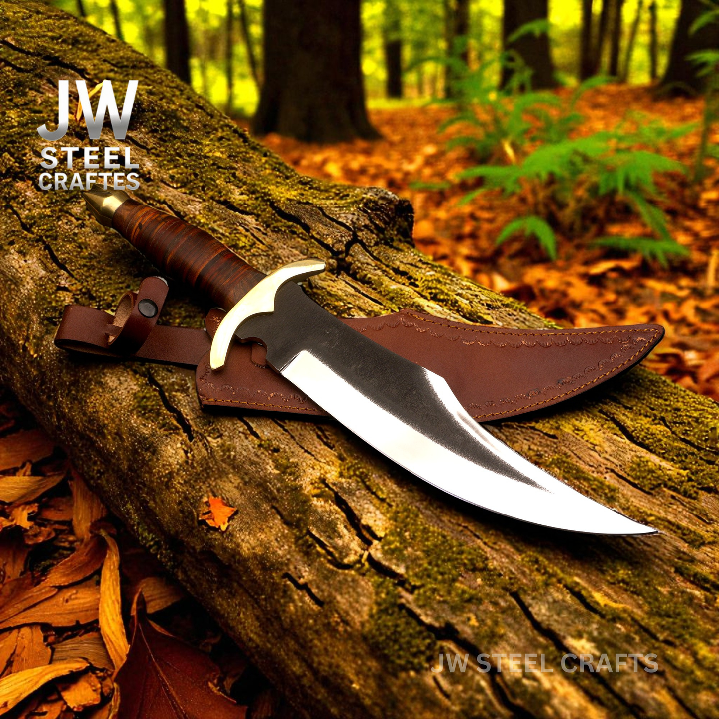 Knife with leather sheath on a log in a forest setting, featuring 'JW Steel Crafts' branding.