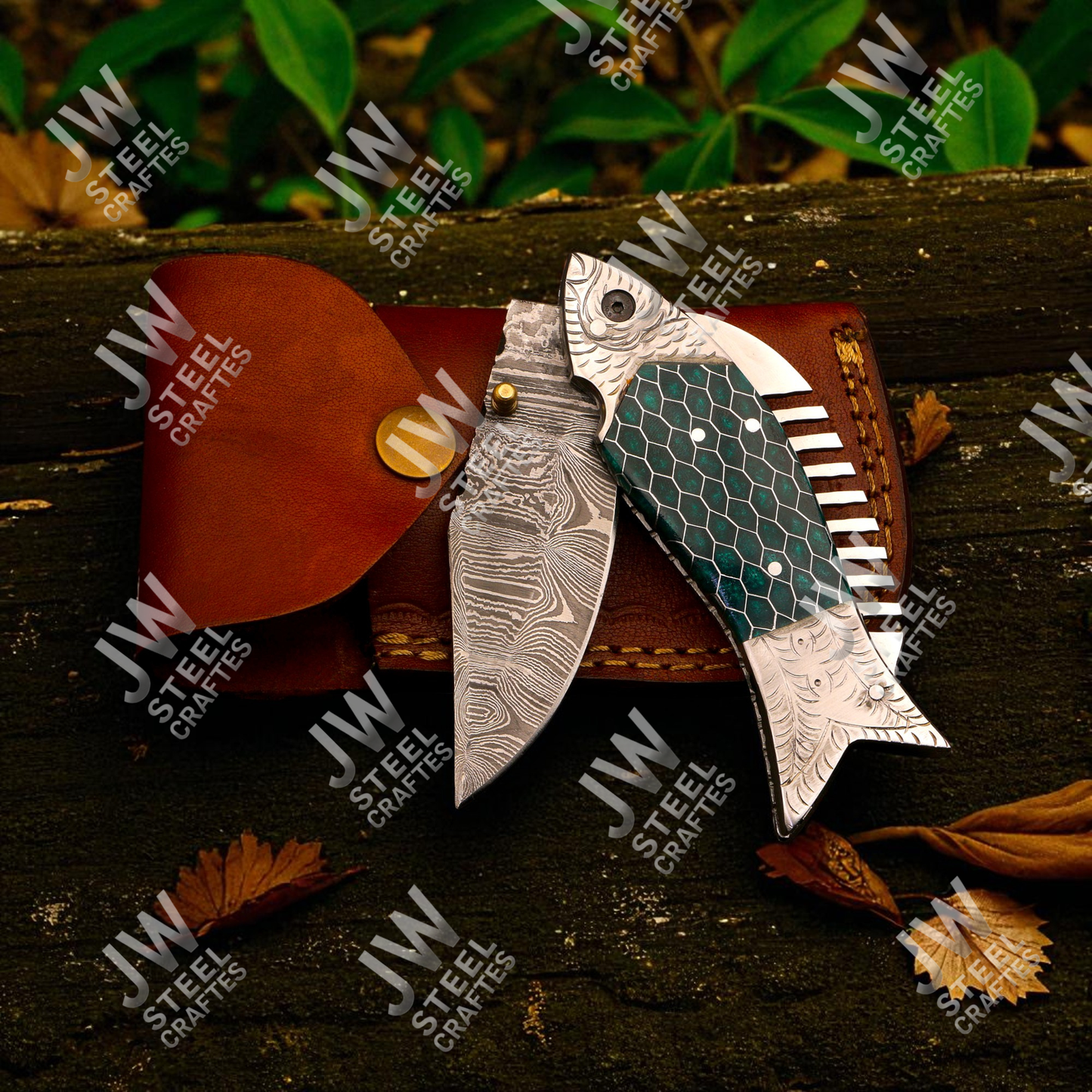 Hand-Forged Damascus Steel Folding Knife – Green Honeycomb Resin Fish Handle with Leather Sheath | Custom Collectible Gift