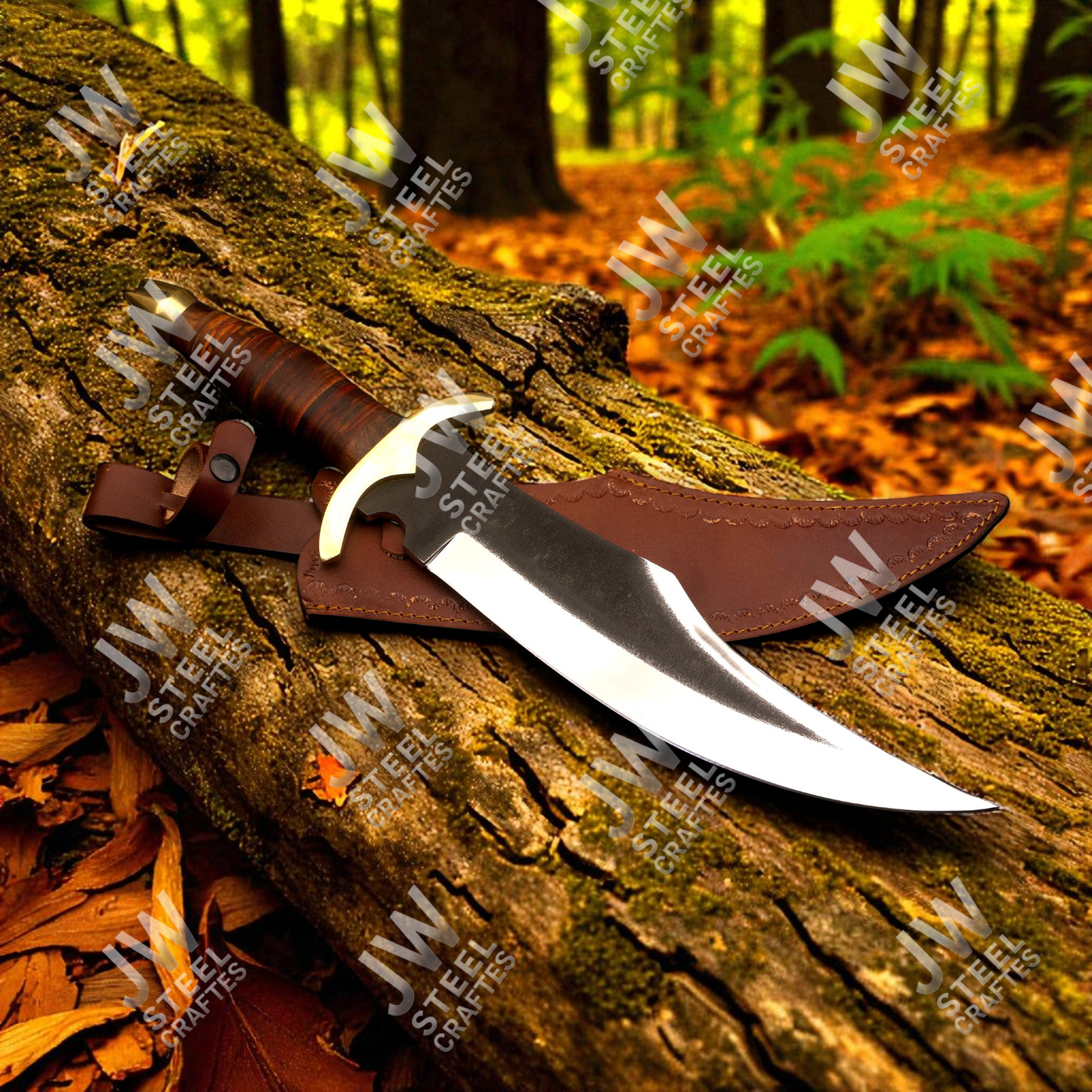 Hand Forged High Carbon Steel Bowie Knife with Leather Handle, Brass Guard & Sheath – Hunting, Camping, Collectors Knife