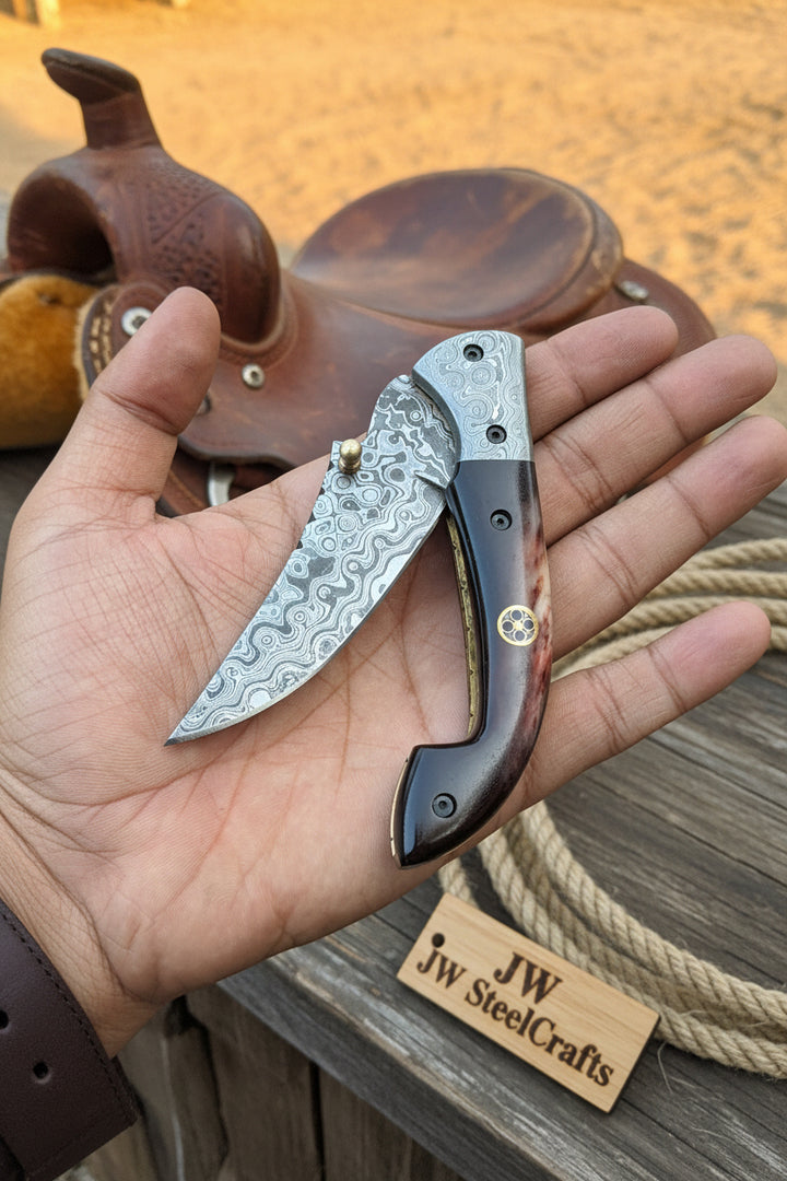 Twilight Burl Folder Knife 7" Handmade Burl Wood Damascus Blade