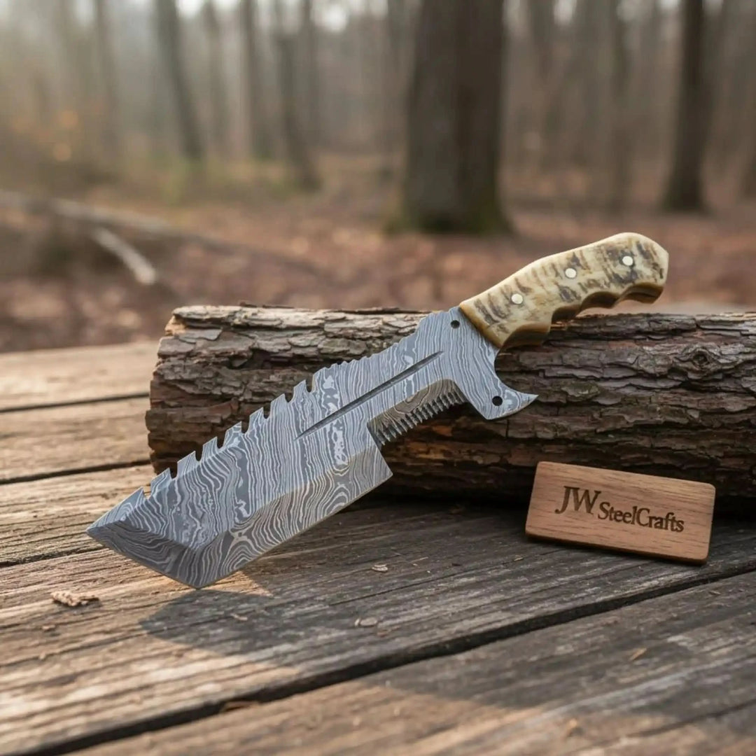 12.5" Full Tang Damascus Blade Hunting Knife Ram's Horn Leather Sheath handmade Handmade Tracker Knives by JW SteelCrafts