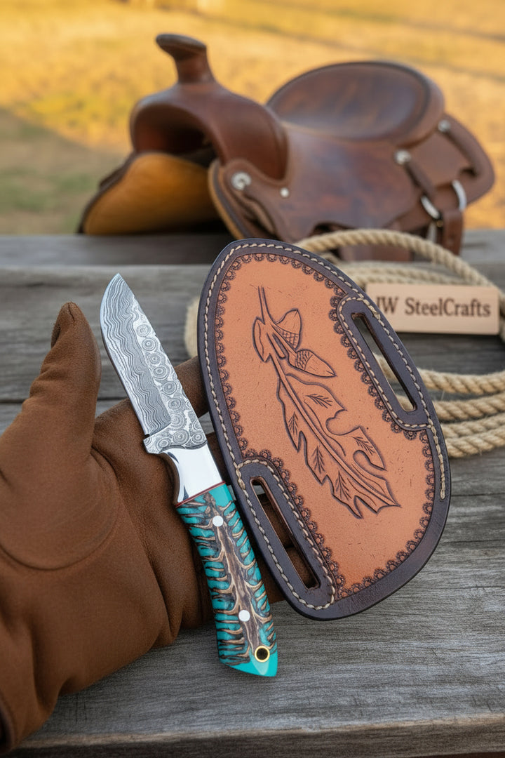 Turquoise Cowboy Silhouette Skinner Knife 7" Handmade Damascus Resin Handle