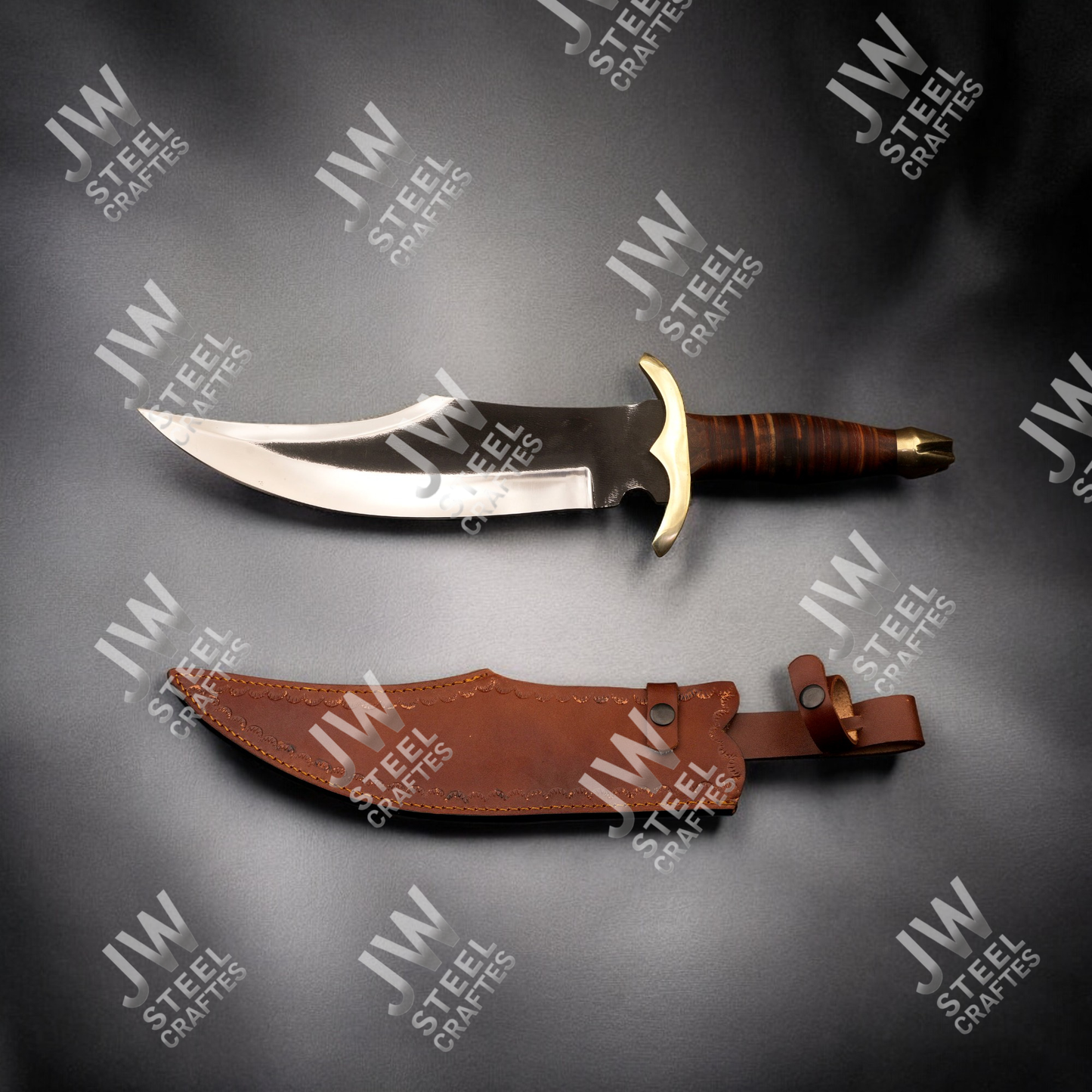 Hand Forged High Carbon Steel Bowie Knife with Leather Handle, Brass Guard & Sheath – Hunting, Camping, Collectors Knife
