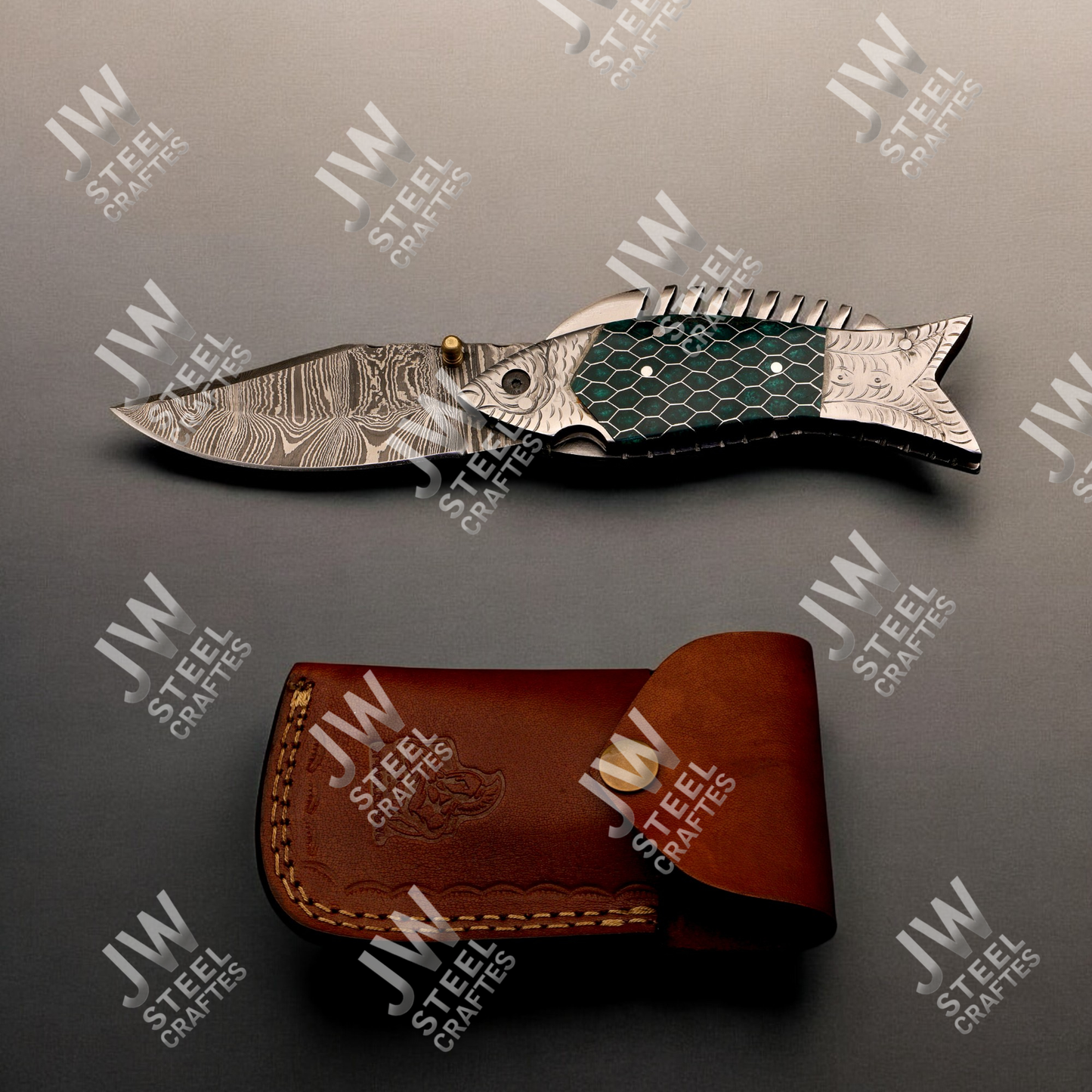 Hand-Forged Damascus Steel Folding Knife – Green Honeycomb Resin Fish Handle with Leather Sheath | Custom Collectible Gift