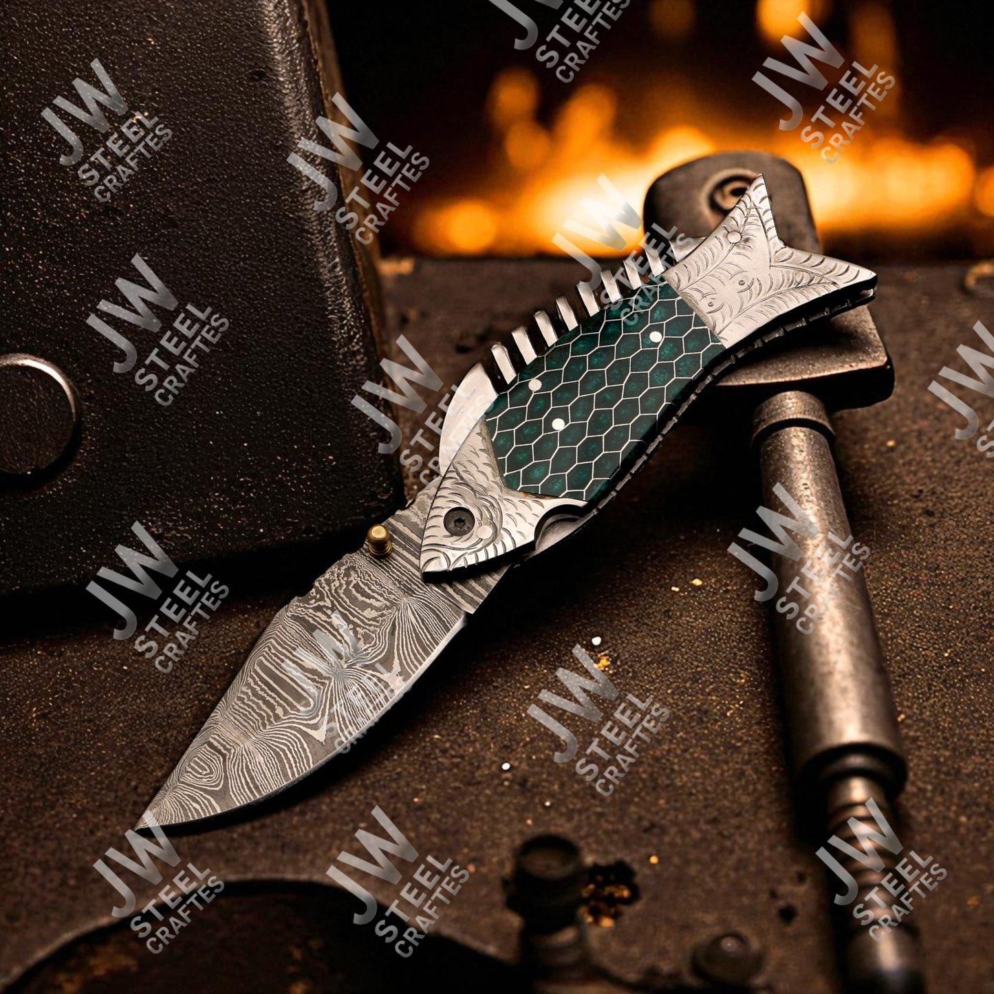 Hand-Forged Damascus Steel Folding Knife – Green Honeycomb Resin Fish Handle with Leather Sheath | Custom Collectible Gift