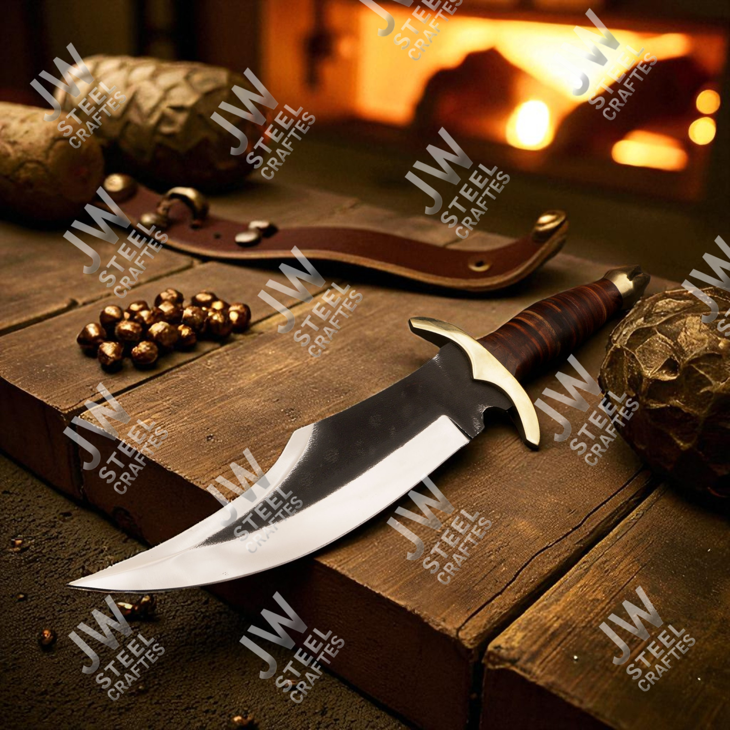Hand Forged High Carbon Steel Bowie Knife with Leather Handle, Brass Guard & Sheath – Hunting, Camping, Collectors Knife