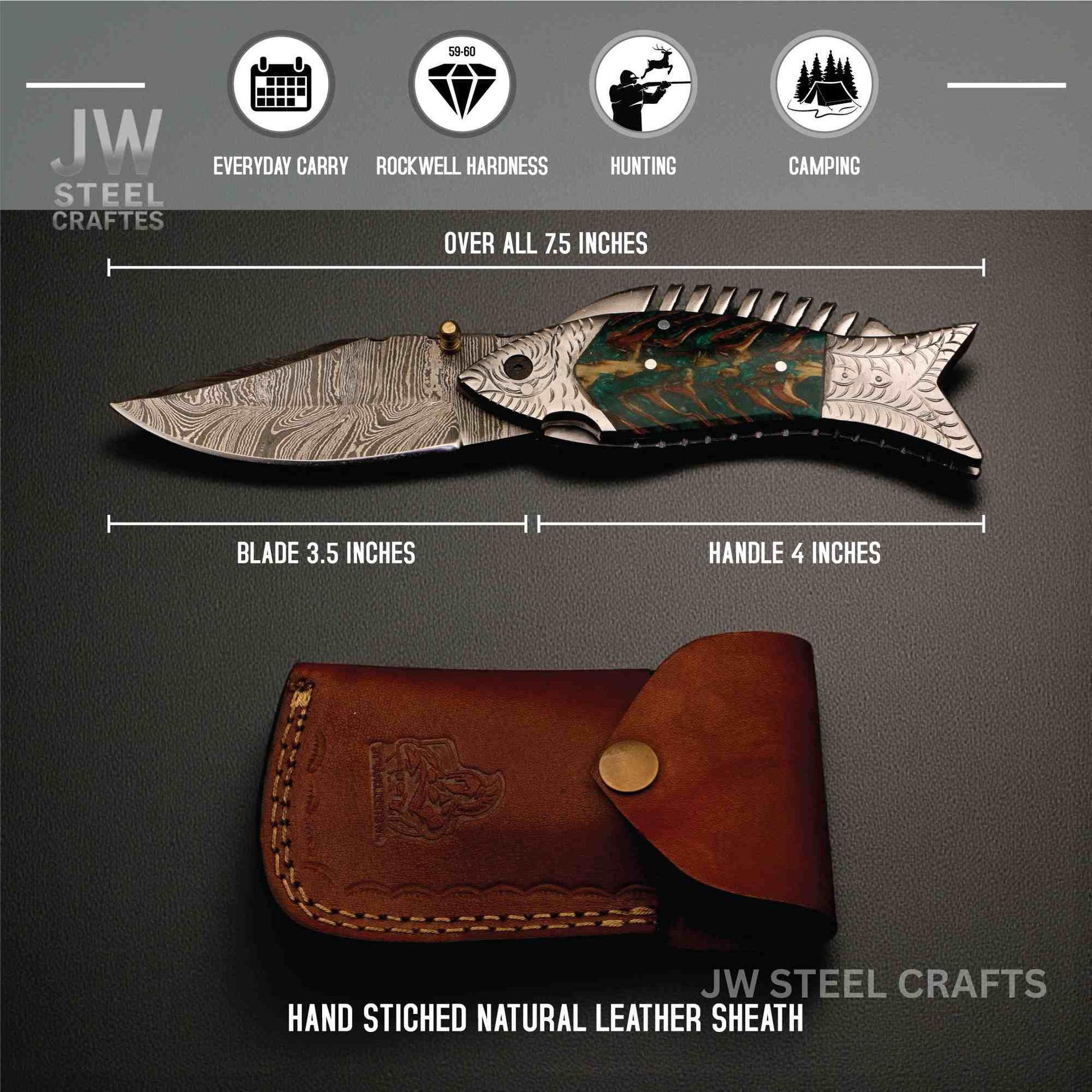 Fishing-themed knife with measurements and leather sheath on a gray background, featuring JW Steel Crafts branding.