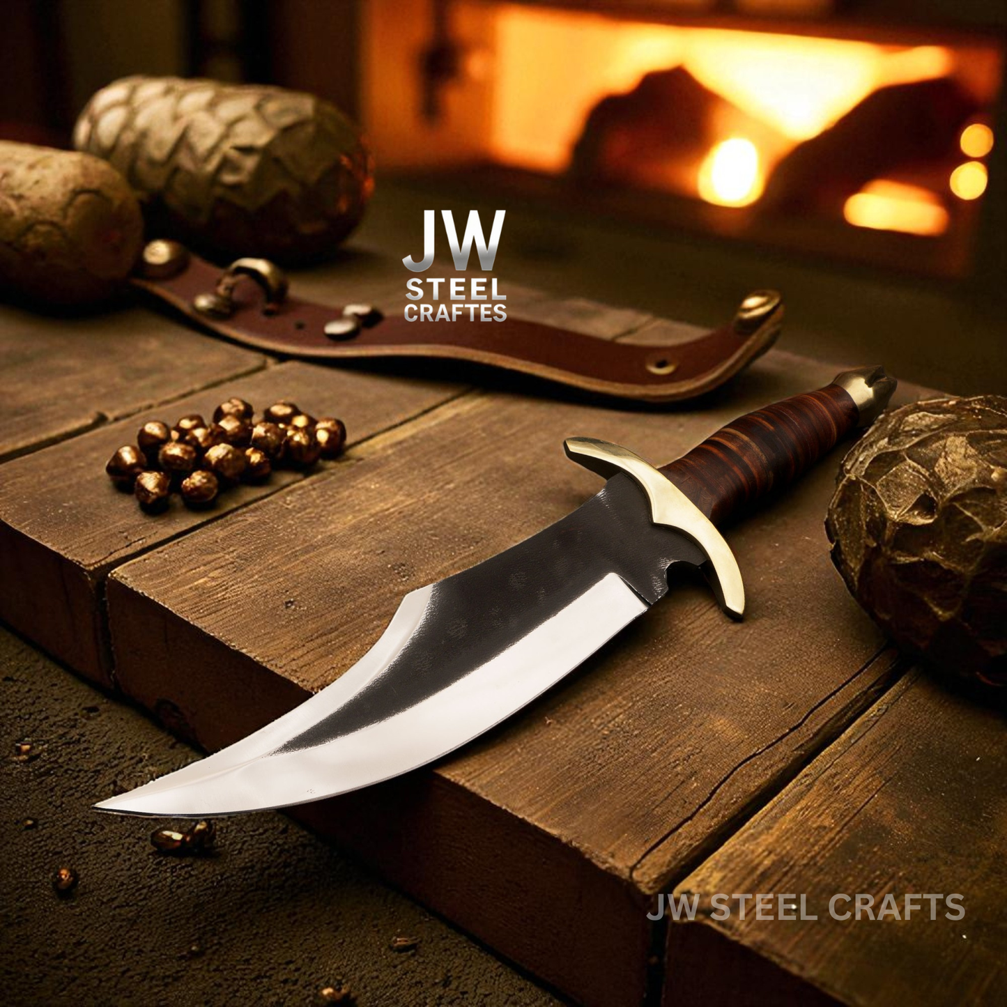 Knife with leather sheath and bullets on a wooden surface, featuring JW Steel Crafts branding.