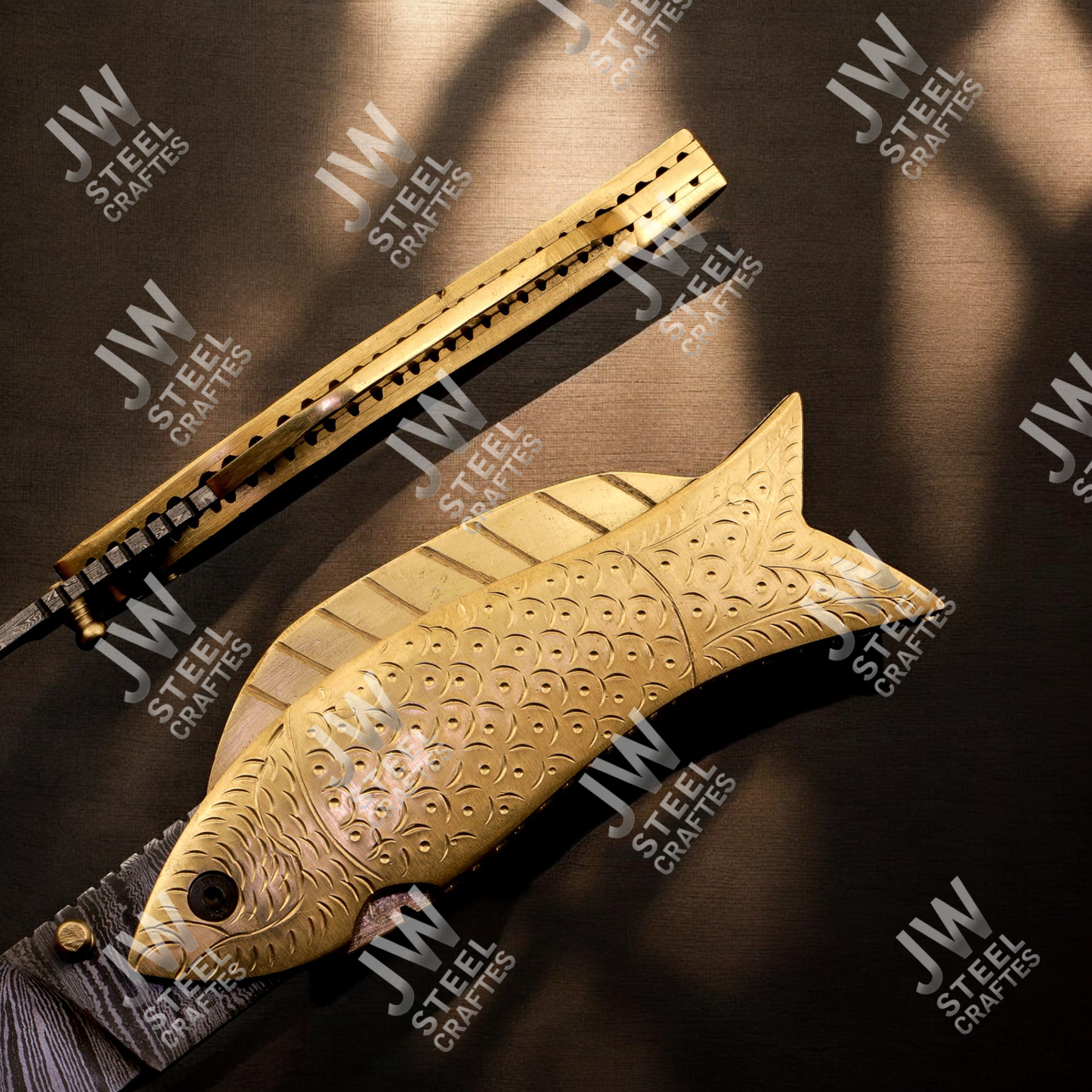 Hand-Forged Damascus Steel Folding Knife – Brass Fish Design Handle with Leather Sheath | Collectible Gift for Him