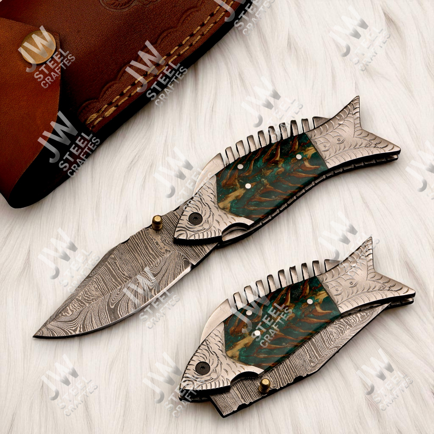 Hand-Forged Damascus Steel Folding Knife – Fish Design with Green-Brown Resin Handle & Leather Sheath | Custom Collectible Gift for Him