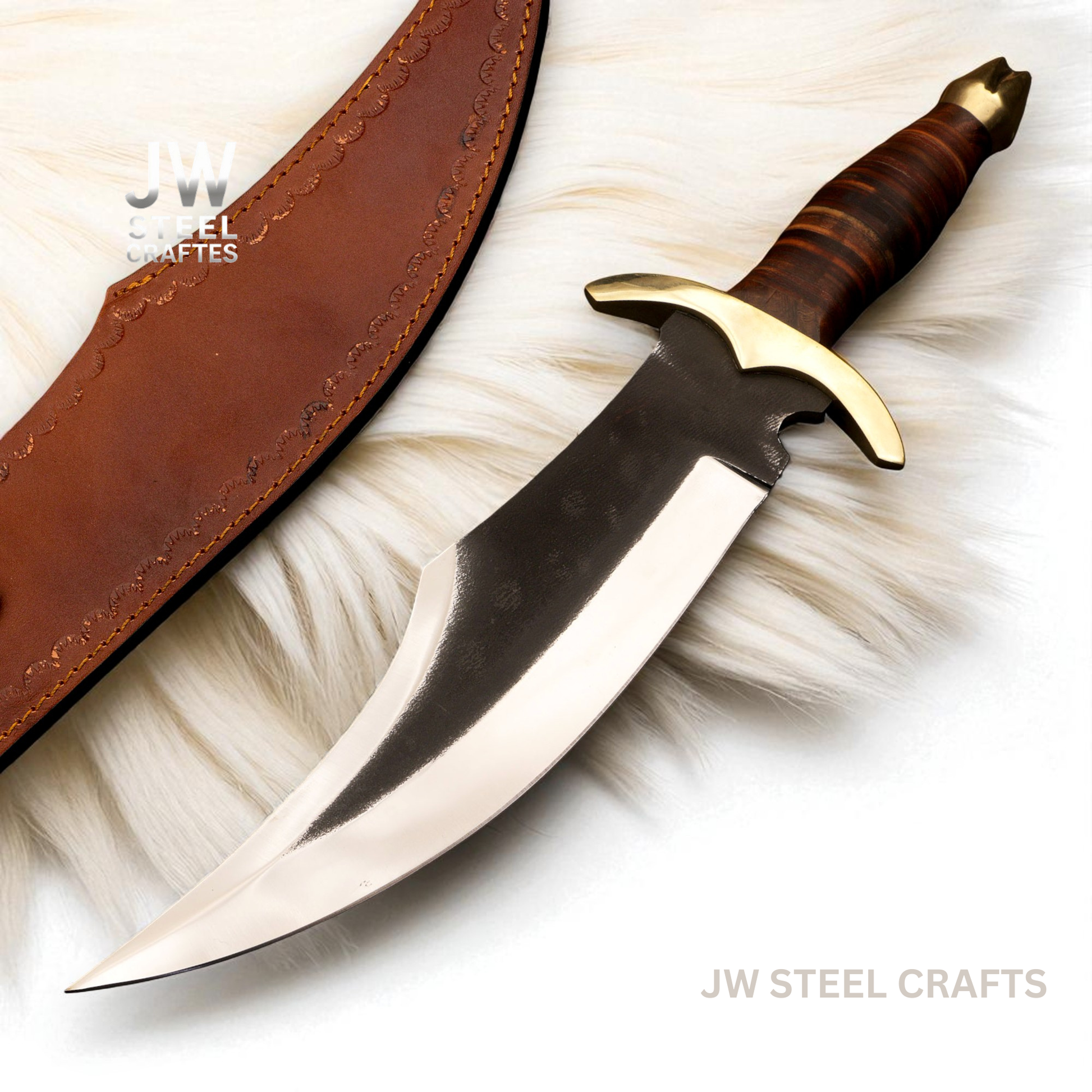 Decorative dagger with brown handle and leather sheath on a white background, branded 'JW Steel Crafts'.