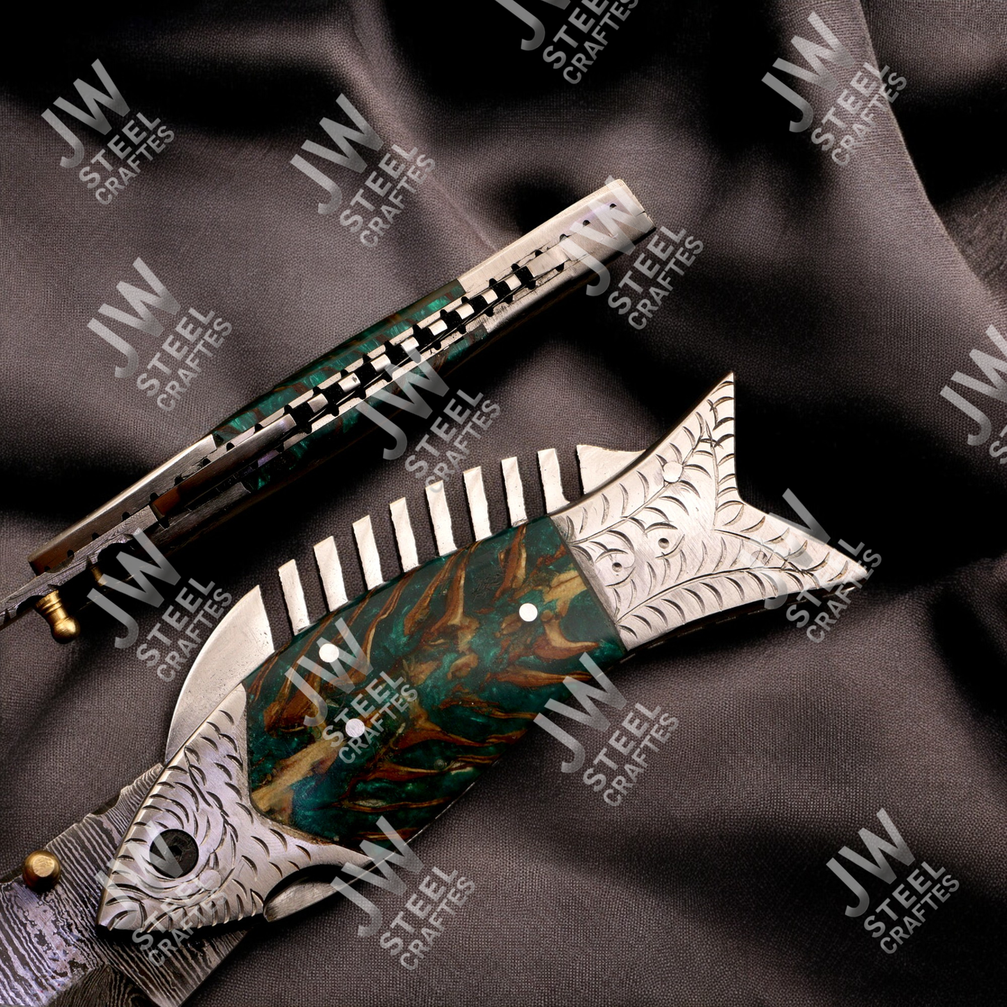 Hand-Forged Damascus Steel Folding Knife – Fish Design with Green-Brown Resin Handle & Leather Sheath | Custom Collectible Gift for Him