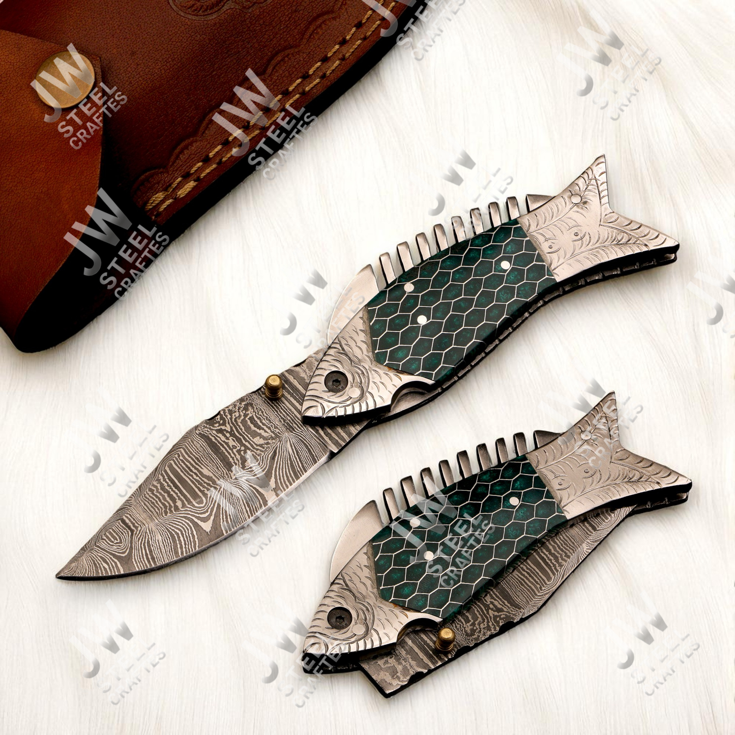 Hand-Forged Damascus Steel Folding Knife – Green Honeycomb Resin Fish Handle with Leather Sheath | Custom Collectible Gift