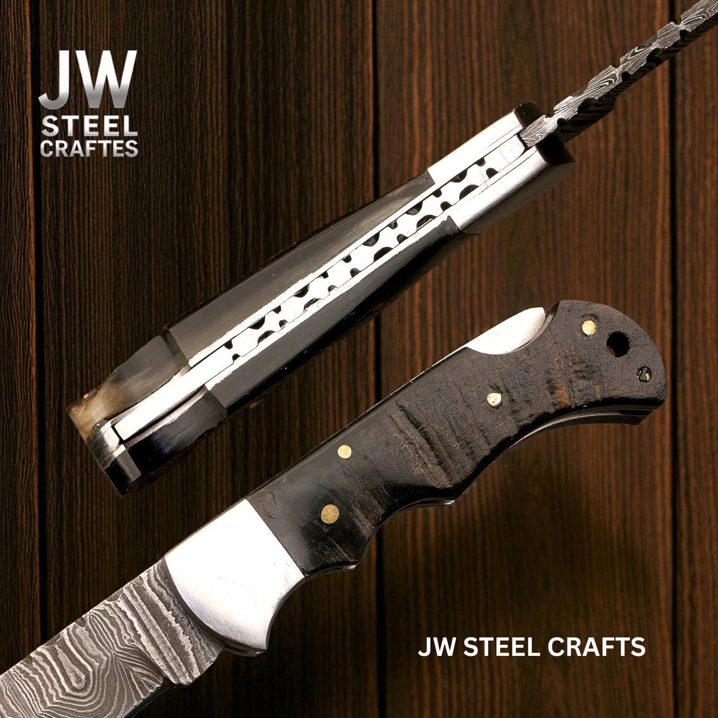 Hand-Forged Damascus Folding Knife – Engraved Steel Blade with American Flag & Ebony Handle – Pocket Knife Gift by JW Steel Crafts