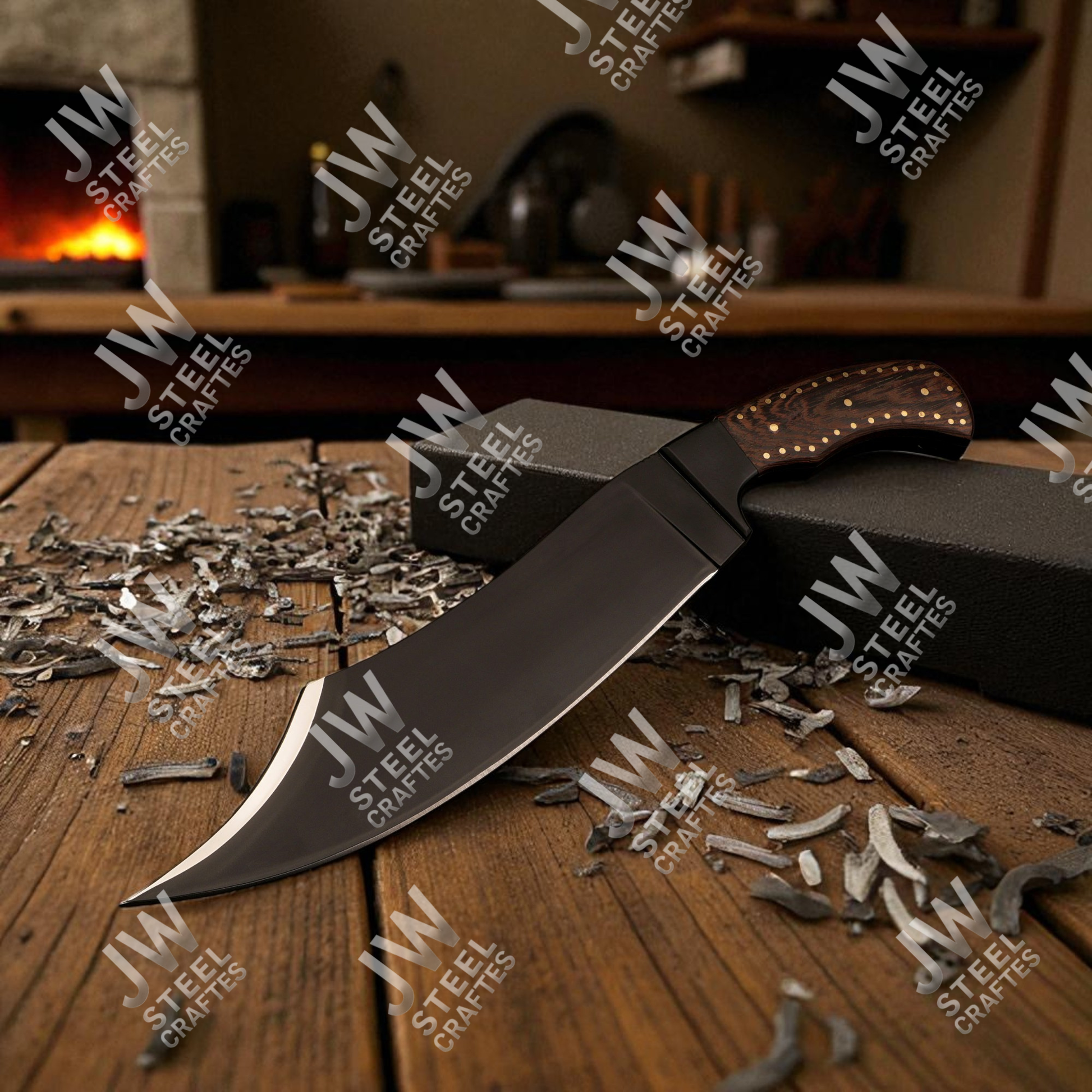 Knife with 'JW Steel Crafters' branding on a wooden surface with metal shavings.